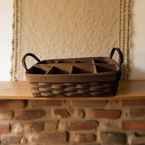 Longaberger Divided Organizer Basket w/ WoodCrafts 6-Section Insert, Leather Han - Picture 6 of 10